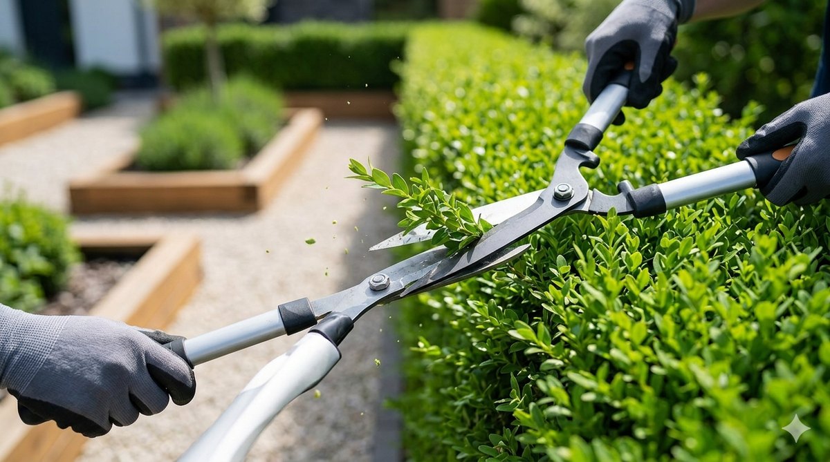 Manutenzione del verde con potatura di siepi e cura del giardino